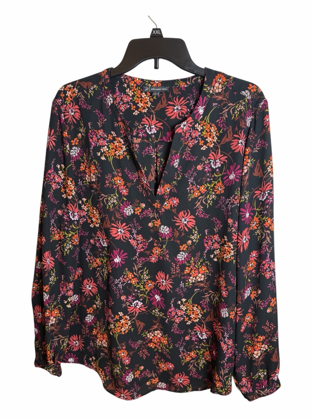 Adrianna Papell Black Floral Chiffon Pleated V-Neck Long Sleeve Blouse XL